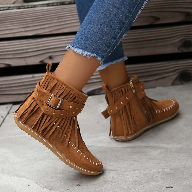 GS Boho Boot | Boho enkellaars met franjes en gespen voor dames