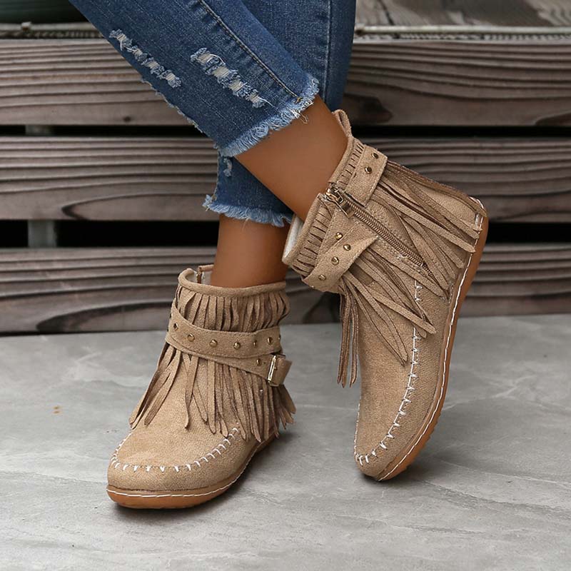GS Boho Boot | Boho enkellaars met franjes en gespen voor dames