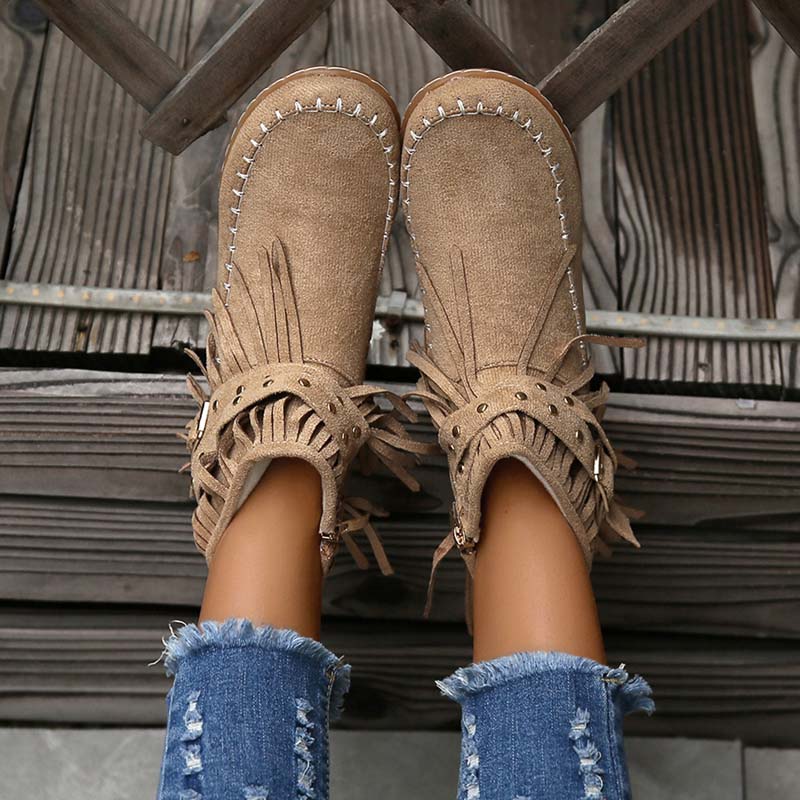 GS Boho Boot | Boho enkellaars met franjes en gespen voor dames