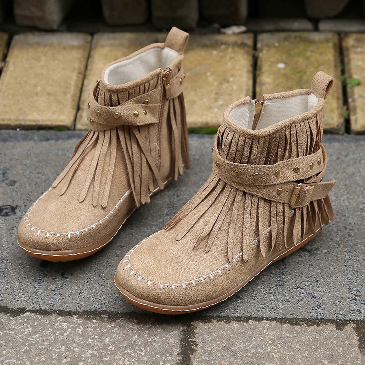 GS Boho Boot | Boho enkellaars met franjes en gespen voor dames