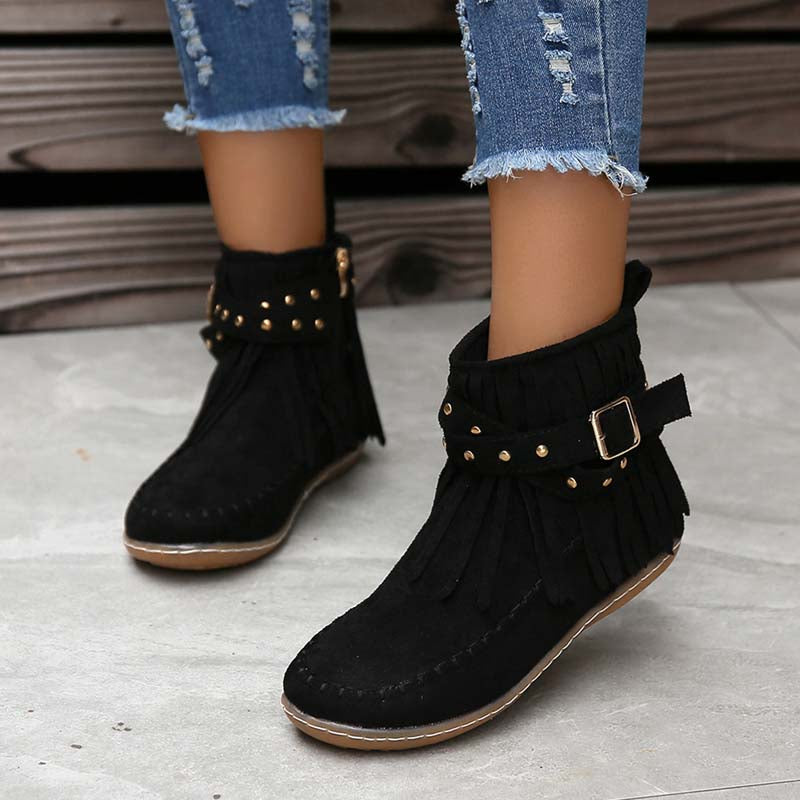 GS Boho Boot | Boho enkellaars met franjes en gespen voor dames