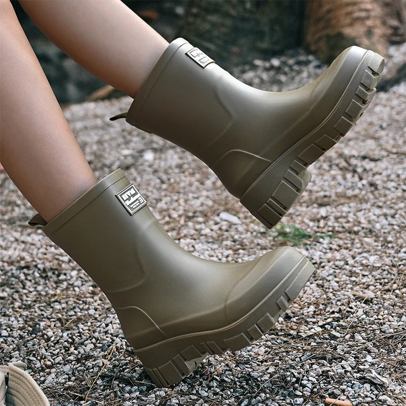 Regenlaarzen voor de herfst - Zwarte Chelsea rubberlaarzen met blokhak en profielzool voor dames