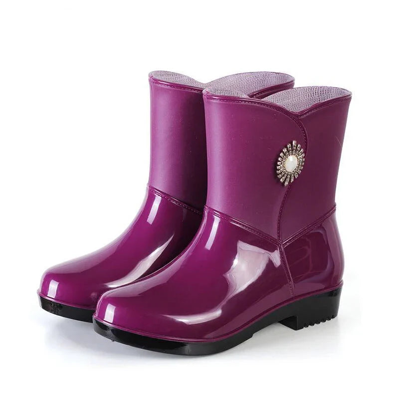 Regenlaarzen voor de herfst - Waterdichte rubberlaarzen met bloemendecor en profielzool voor dames