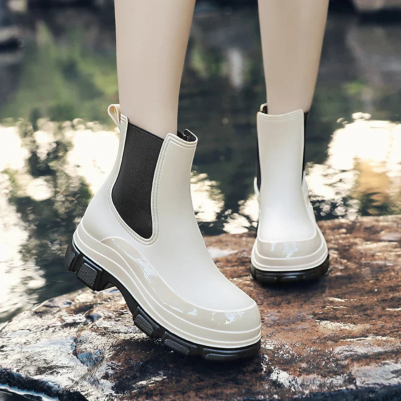 Regenlaarzen voor de herfst - Waterdichte Chelsea rubberlaarzen met chunky platformzool voor dames