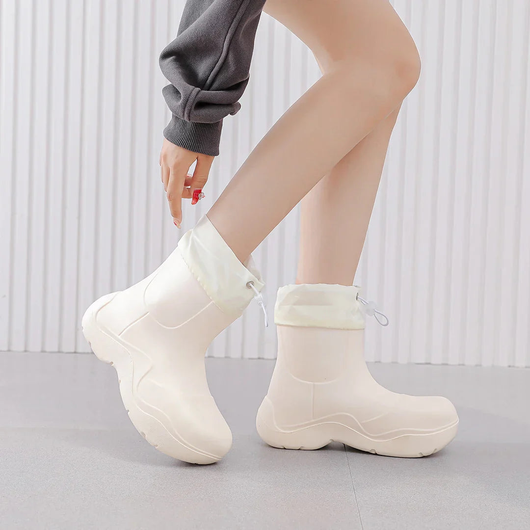 Regenlaarzen voor de herfst - Waterdichte enkelhoge rubberlaarzen met breiselontwerp en antislip zool voor dames