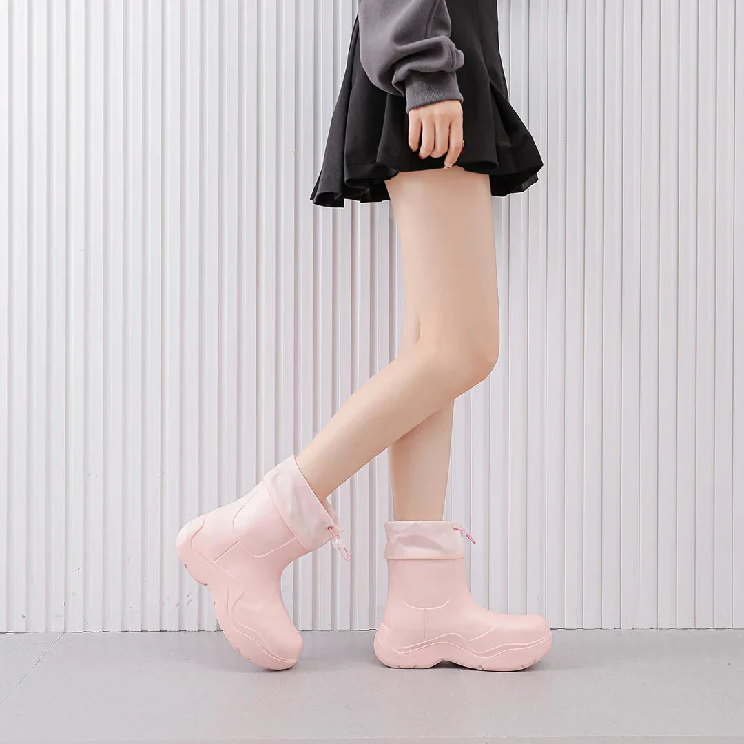 Regenlaarzen voor de herfst - Waterdichte enkelhoge rubberlaarzen met breiselontwerp en antislip zool voor dames
