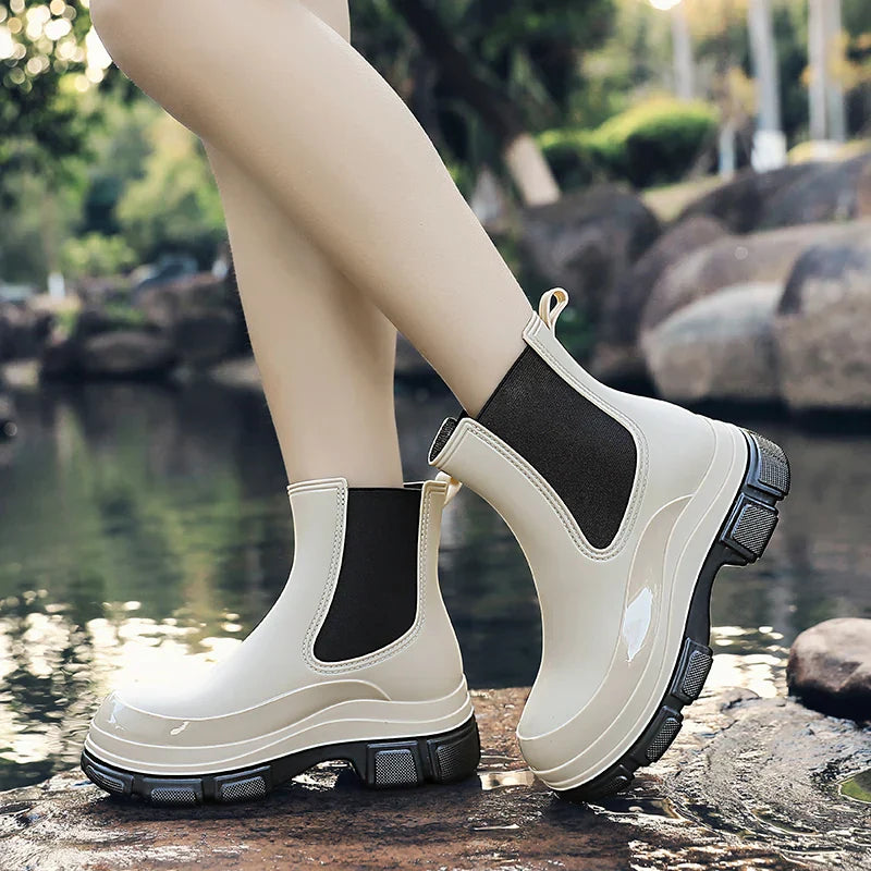 Regenlaarzen voor de herfst - Waterdichte Chelsea rubberlaarzen met chunky platformzool voor dames