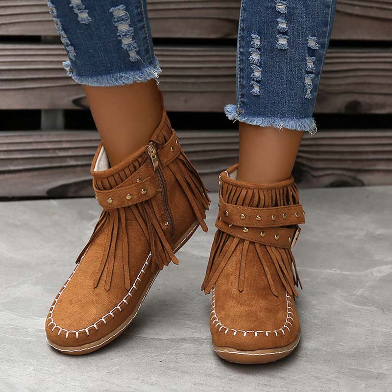 GS Boho Boot | Boho enkellaars met franjes en gespen voor dames