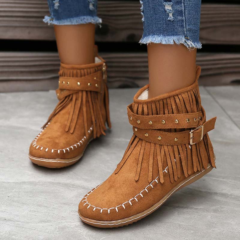 GS Boho Boot | Boho enkellaars met franjes en gespen voor dames